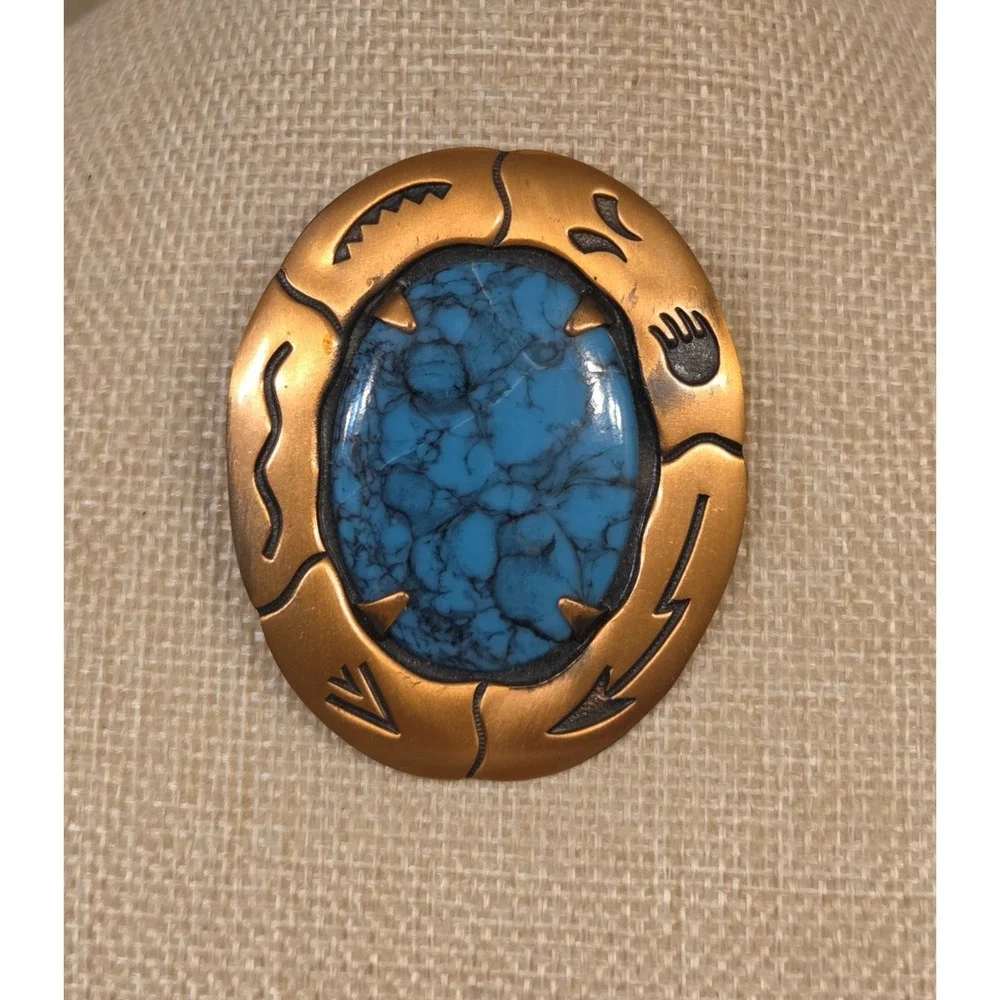 Vintage Solid Copper Faux Turquoise Bell Trading Co Bolo Tie Buckle Southwestern